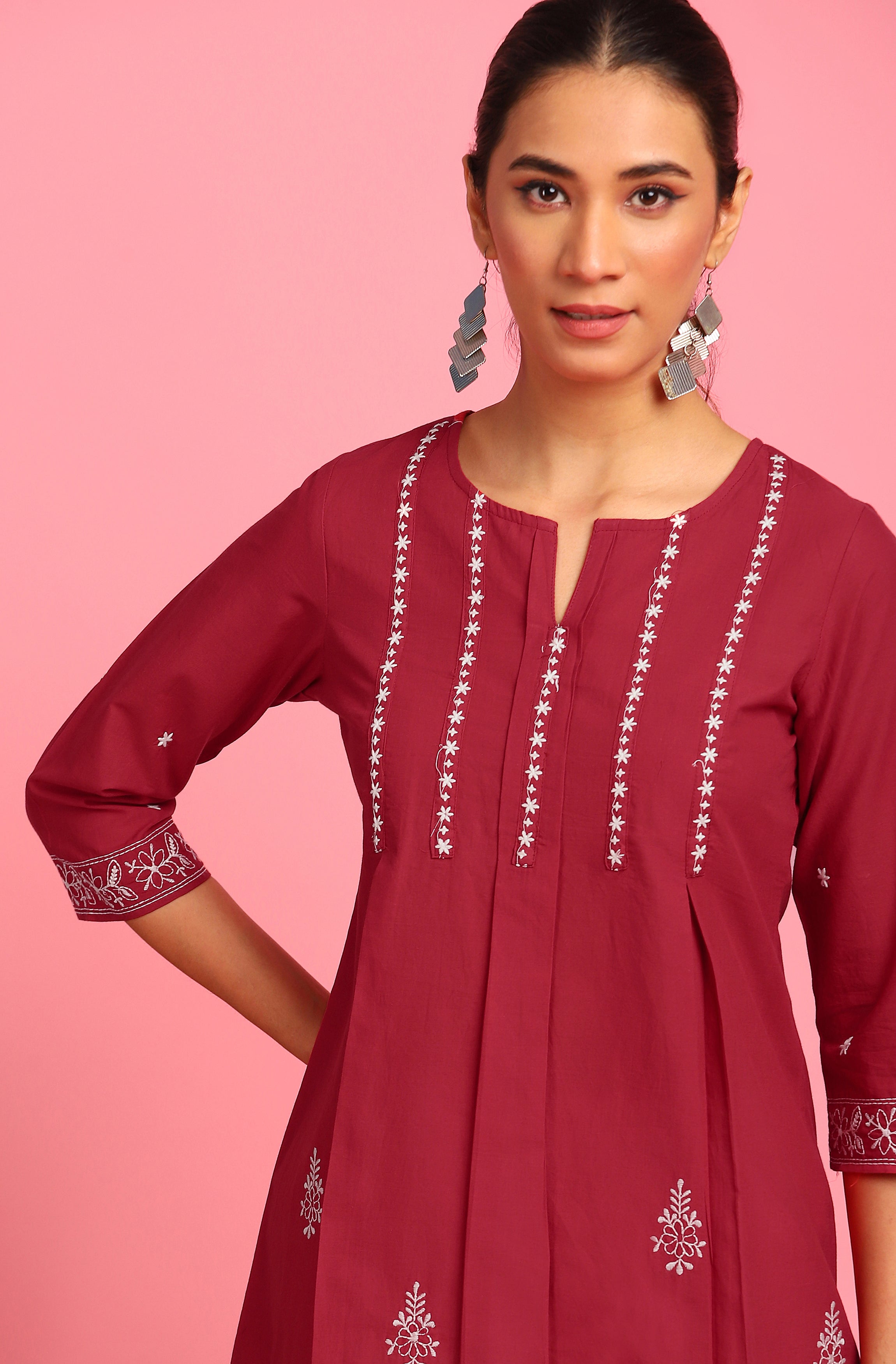 Janasya Women's Maroon Cotton Embroidered Trapeze Tunic | Grocsy