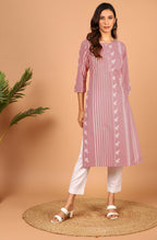 Janasya Pastel Pink Cotton Ethnic Motifs Straight kurta | Grocsy