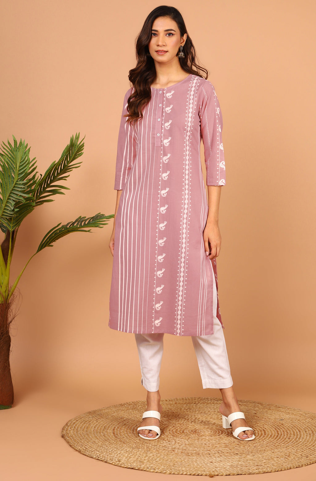Janasya Pastel Pink Cotton Ethnic Motifs Straight kurta | Grocsy