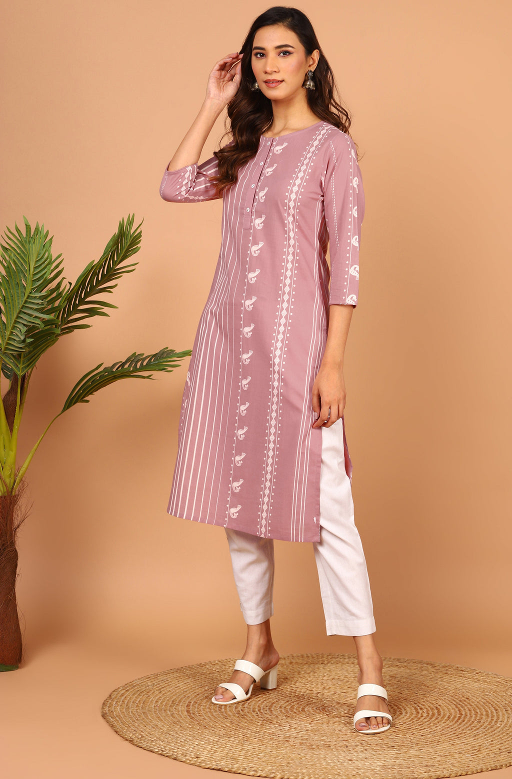 Janasya Pastel Pink Cotton Ethnic Motifs Straight kurta | Grocsy