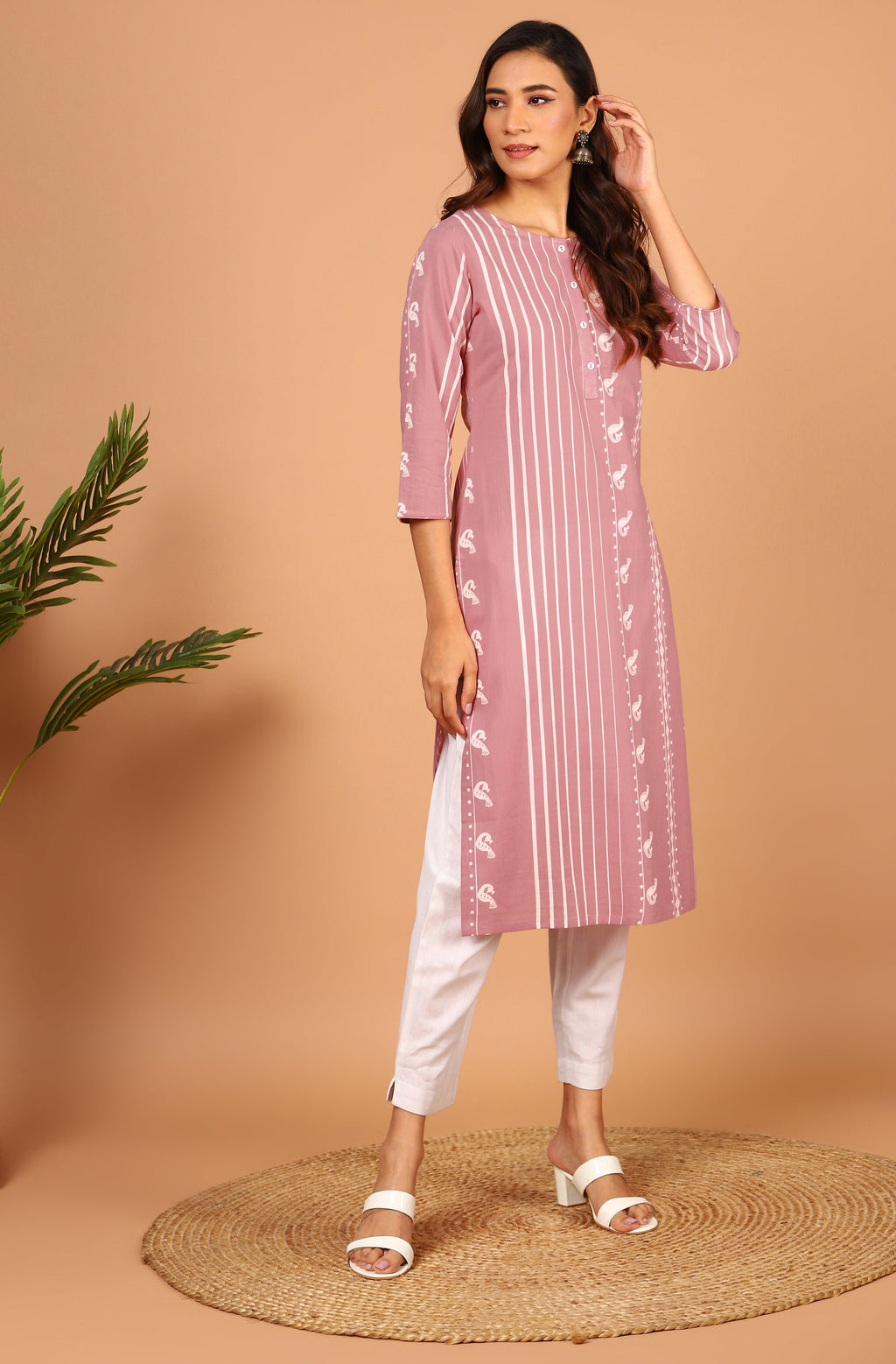 Janasya Pastel Pink Cotton Ethnic Motifs Straight kurta | Grocsy