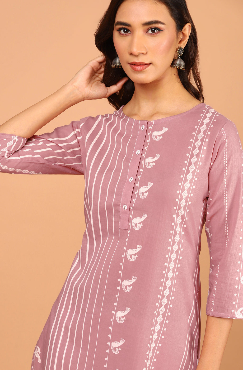 Janasya Pastel Pink Cotton Ethnic Motifs Straight kurta | Grocsy