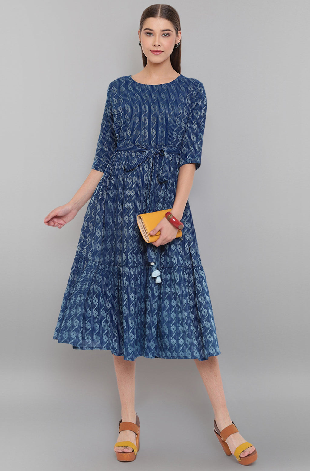Janasya Blue Cotton Woven Design Flared Casual Dress | Grocsy