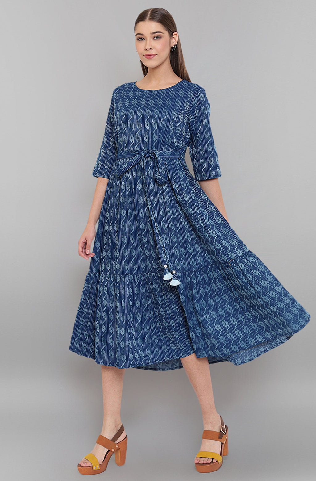 Janasya Blue Cotton Woven Design Flared Casual Dress | Grocsy