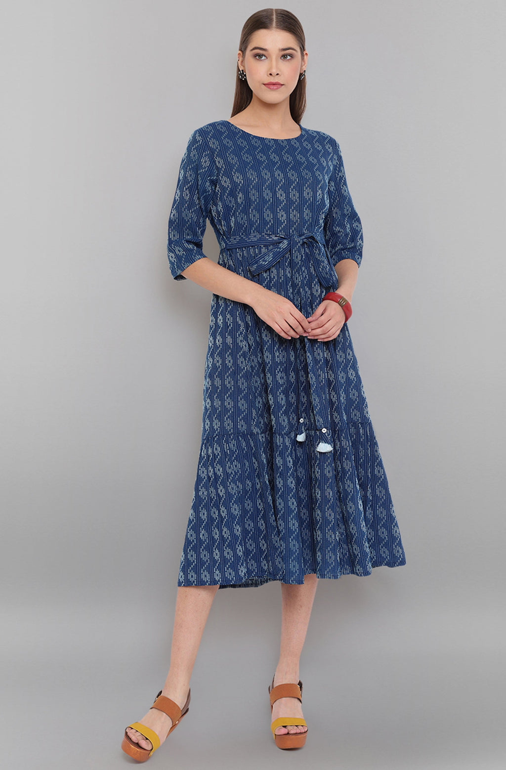 Janasya Blue Cotton Woven Design Flared Casual Dress | Grocsy