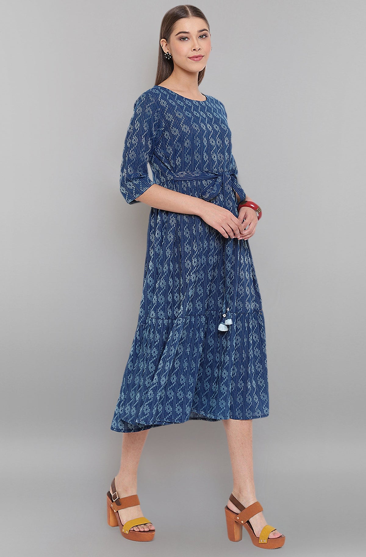 Janasya Blue Cotton Woven Design Flared Casual Dress | Grocsy