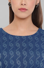 Janasya Blue Cotton Woven Design Flared Casual Dress | Grocsy