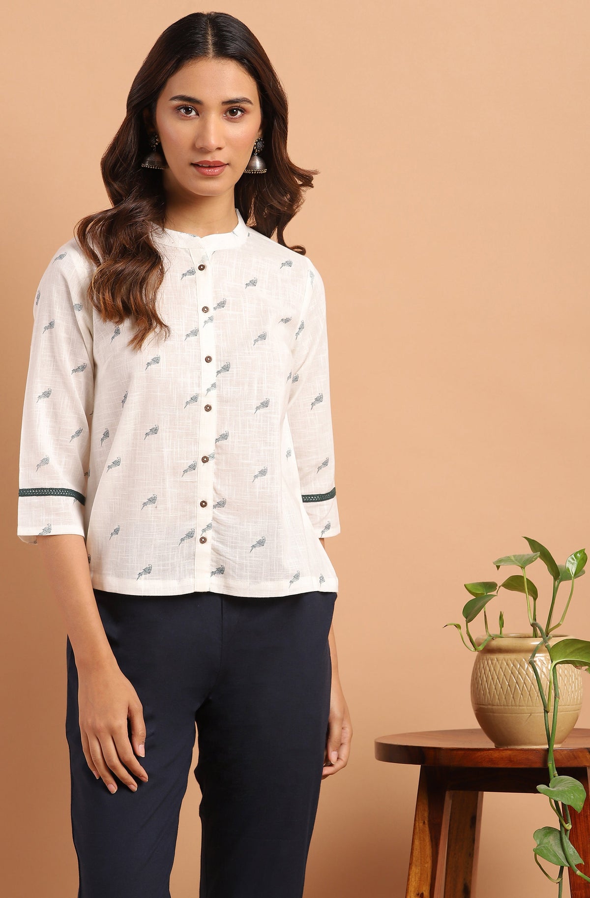 Janasya Women's Off White Cotton Slub Animal Print Shirt Style Top | Grocsy