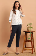 Janasya Women's Off White Cotton Slub Animal Print Shirt Style Top | Grocsy