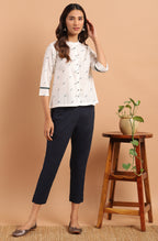Janasya Women's Off White Cotton Slub Animal Print Shirt Style Top | Grocsy