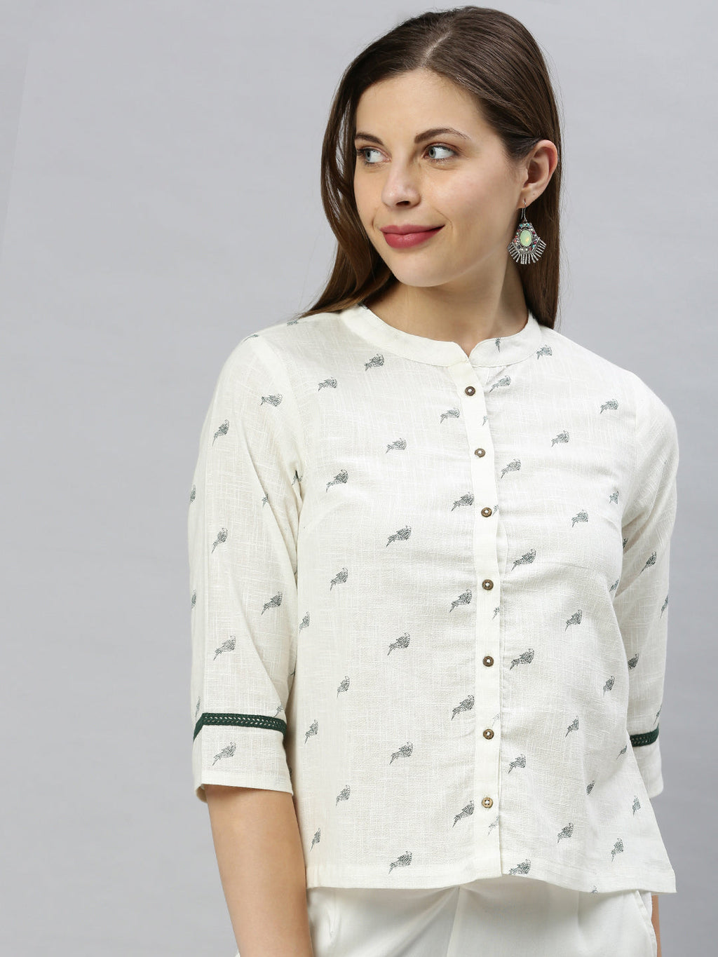 Janasya Women's Off White Cotton Slub Animal Print Shirt Style Top | Grocsy