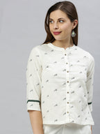 Janasya Women's Off White Cotton Slub Animal Print Shirt Style Top | Grocsy