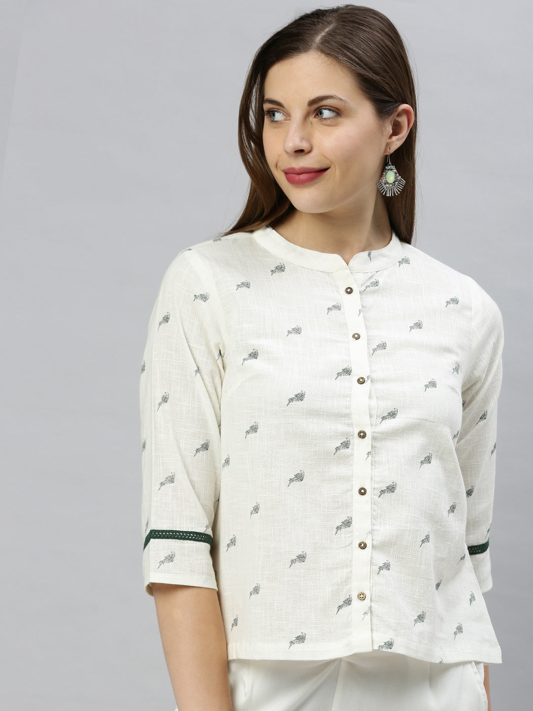 Janasya Women's Off White Cotton Slub Animal Print Shirt Style Top | Grocsy