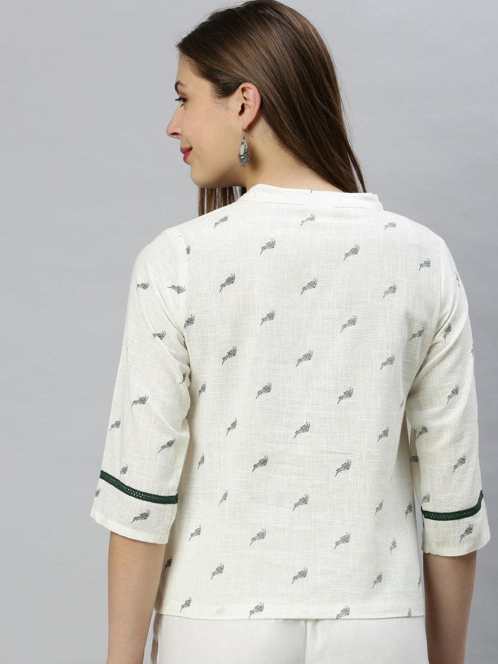Janasya Women's Off White Cotton Slub Animal Print Shirt Style Top | Grocsy