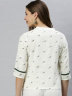 Janasya Women's Off White Cotton Slub Animal Print Shirt Style Top | Grocsy