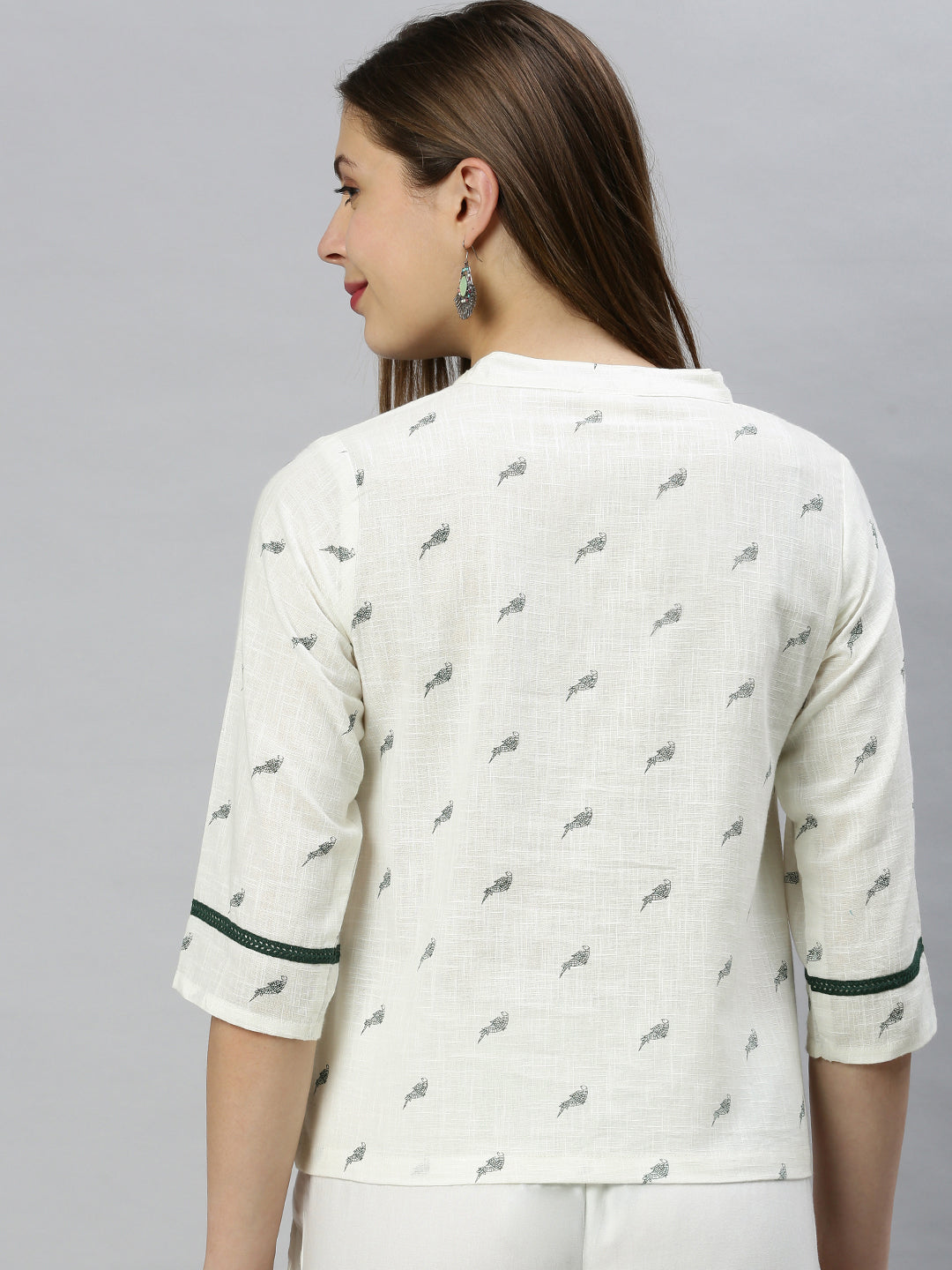 Janasya Women's Off White Cotton Slub Animal Print Shirt Style Top | Grocsy