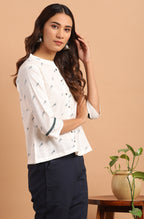 Janasya Women's Off White Cotton Slub Animal Print Shirt Style Top | Grocsy