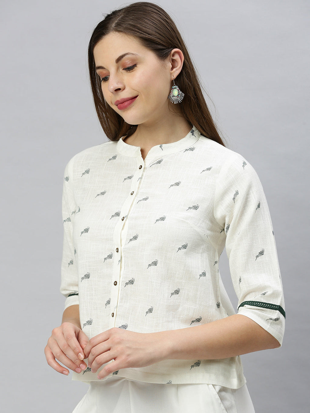 Janasya Women's Off White Cotton Slub Animal Print Shirt Style Top | Grocsy