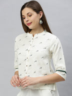 Janasya Women's Off White Cotton Slub Animal Print Shirt Style Top | Grocsy