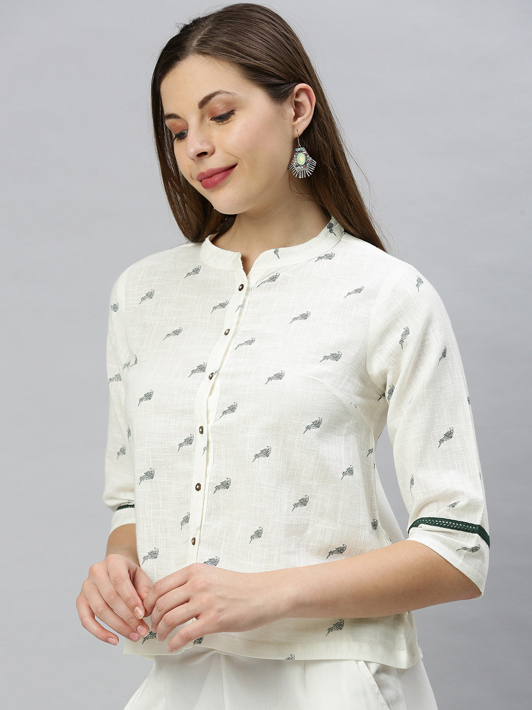 Janasya Women's Off White Cotton Slub Animal Print Shirt Style Top | Grocsy