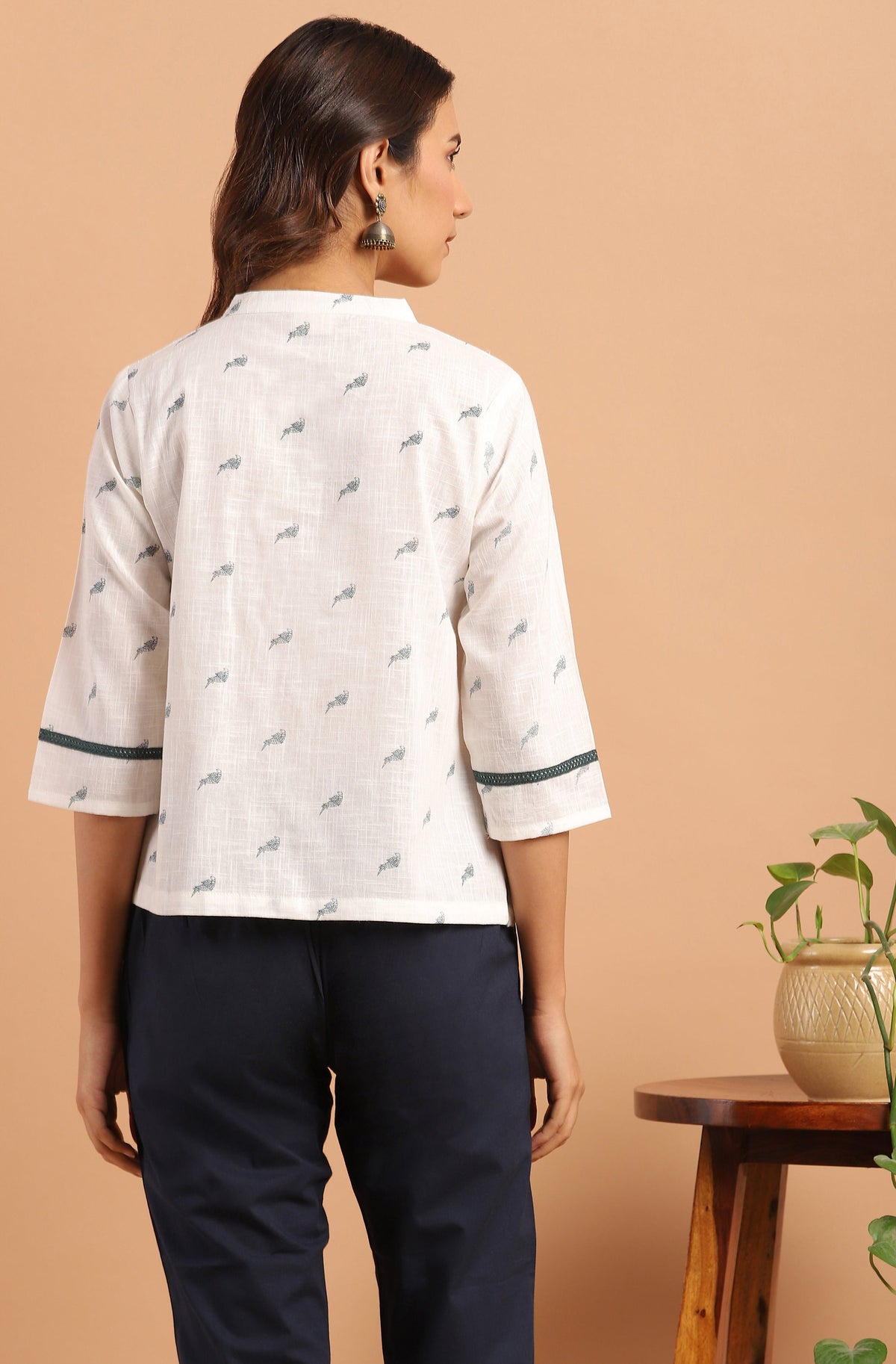 Janasya Women's Off White Cotton Slub Animal Print Shirt Style Top | Grocsy