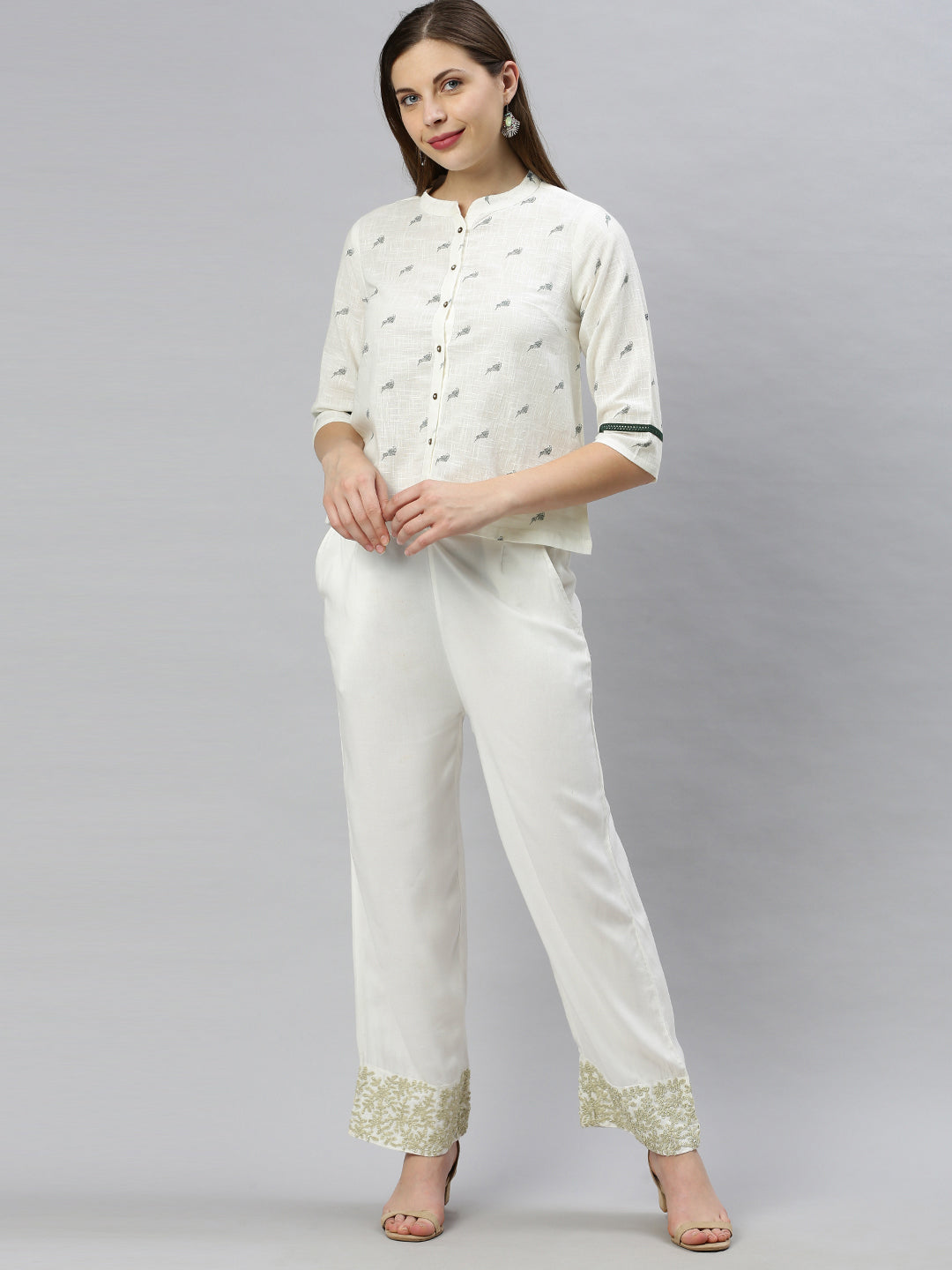 Janasya Women's Off White Cotton Slub Animal Print Shirt Style Top | Grocsy