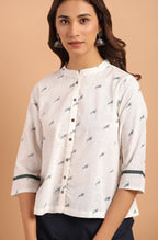Janasya Women's Off White Cotton Slub Animal Print Shirt Style Top | Grocsy