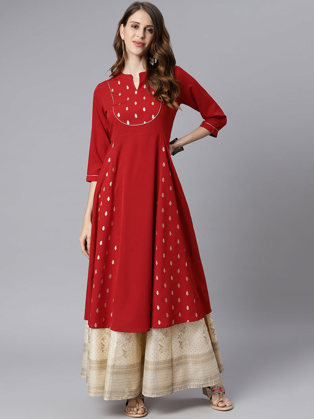 Janasya Maroon Poly Crepe Ethnic Motifs A-line kurta | Grocsy