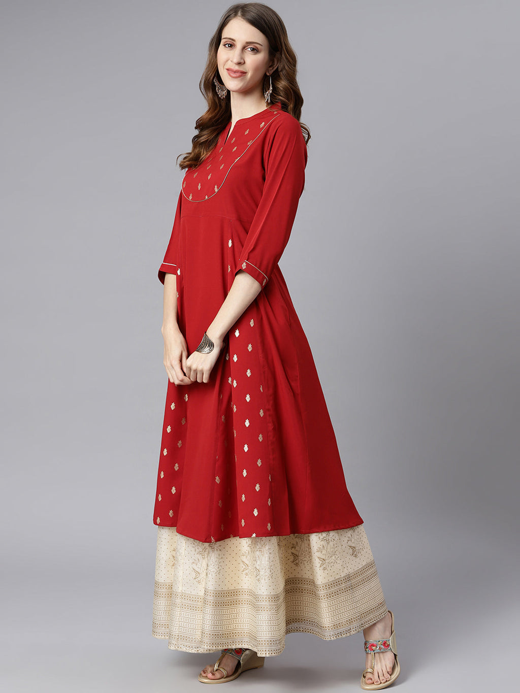 Janasya Maroon Poly Crepe Ethnic Motifs A-line kurta | Grocsy