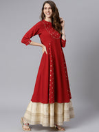 Janasya Maroon Poly Crepe Ethnic Motifs A-line kurta | Grocsy