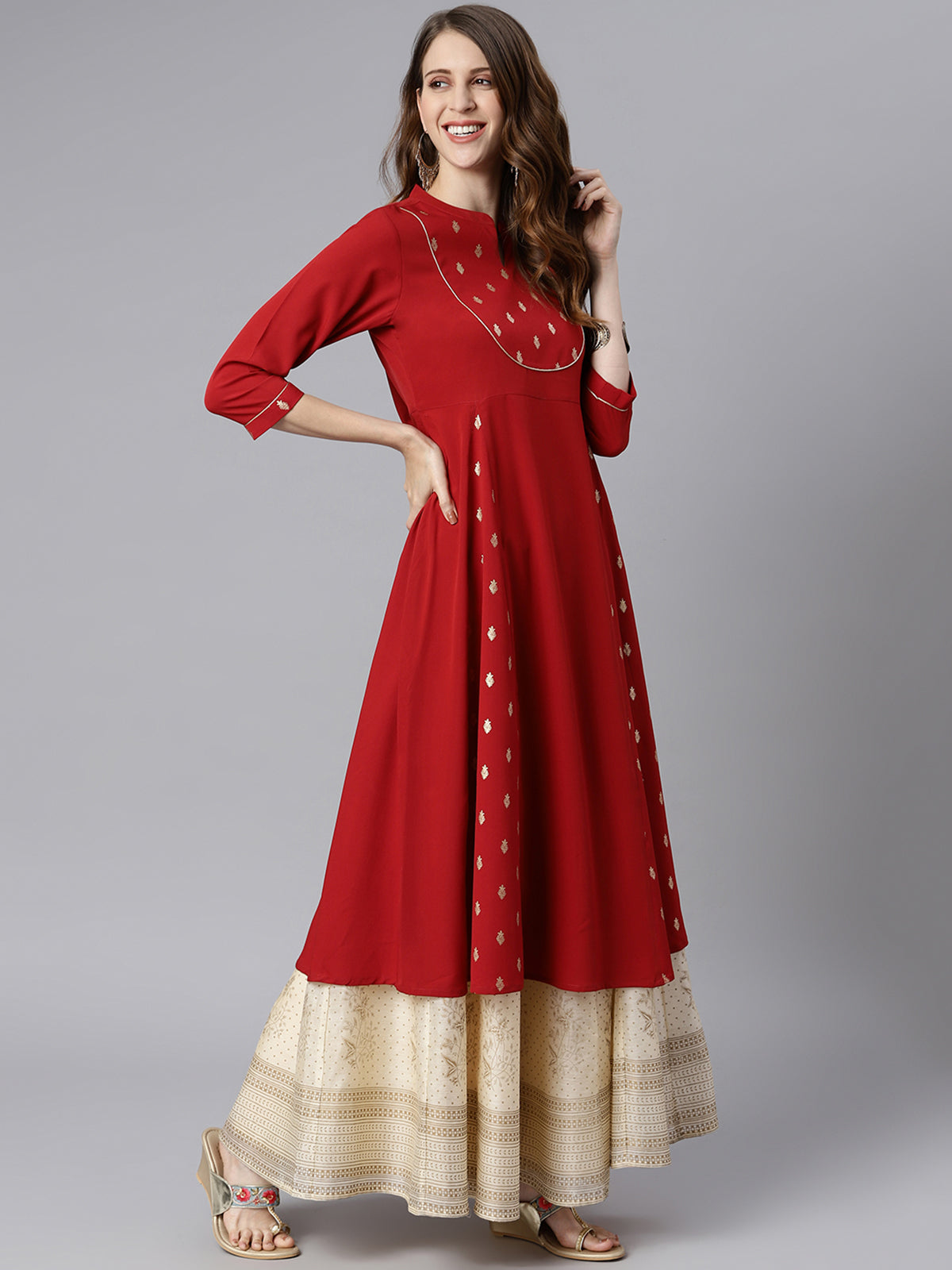 Janasya Maroon Poly Crepe Ethnic Motifs A-line kurta | Grocsy