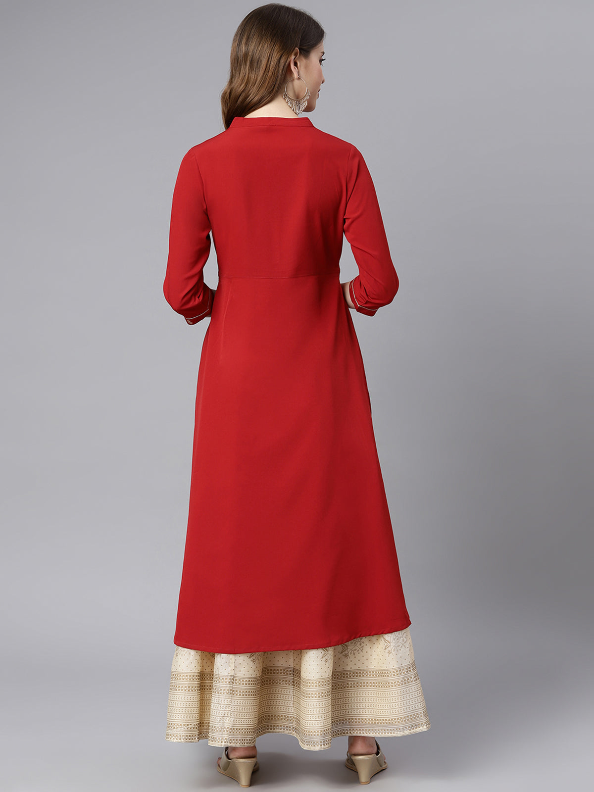 Janasya Maroon Poly Crepe Ethnic Motifs A-line kurta | Grocsy
