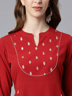 Janasya Maroon Poly Crepe Ethnic Motifs A-line kurta | Grocsy