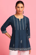 Janasya Women's Navy Blue Cotton Embroidered Trapeze Tunic | Grocsy