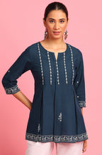 Janasya Women's Navy Blue Cotton Embroidered Trapeze Tunic | Grocsy