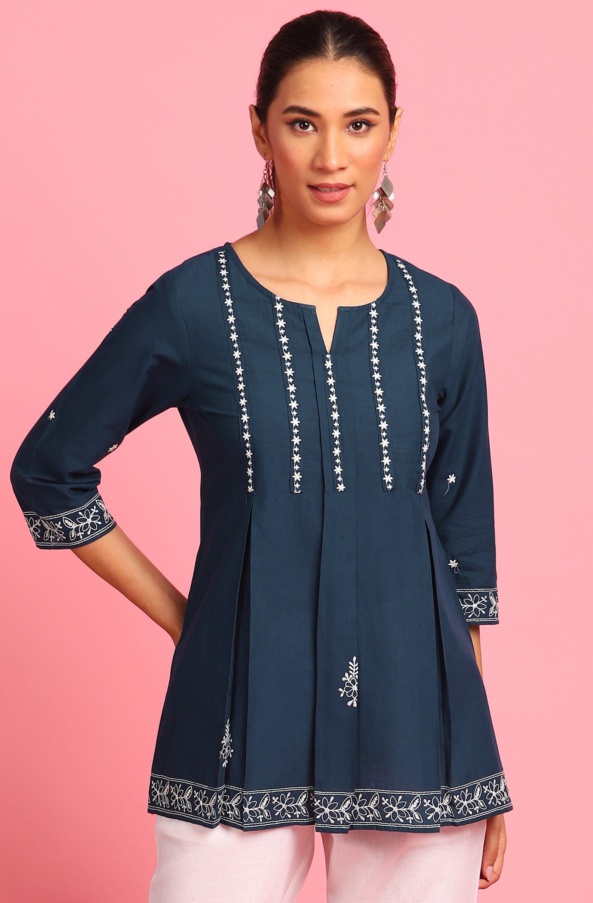 Janasya Women's Navy Blue Cotton Embroidered Trapeze Tunic | Grocsy