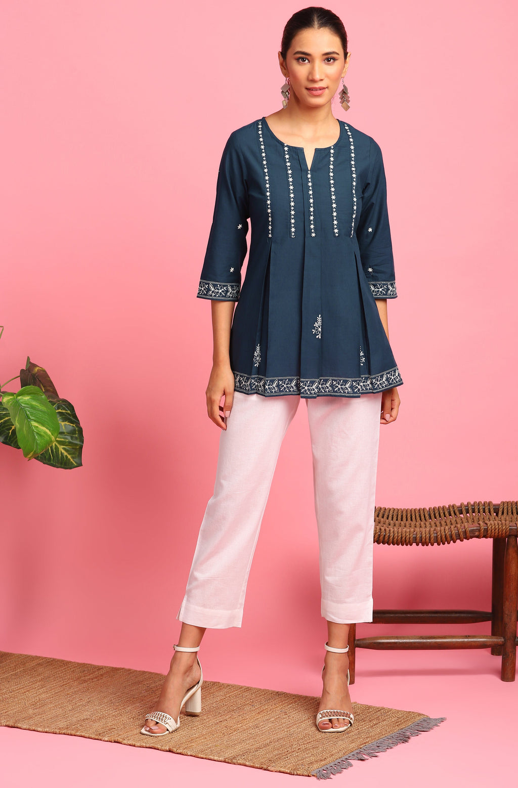 Janasya Women's Navy Blue Cotton Embroidered Trapeze Tunic | Grocsy