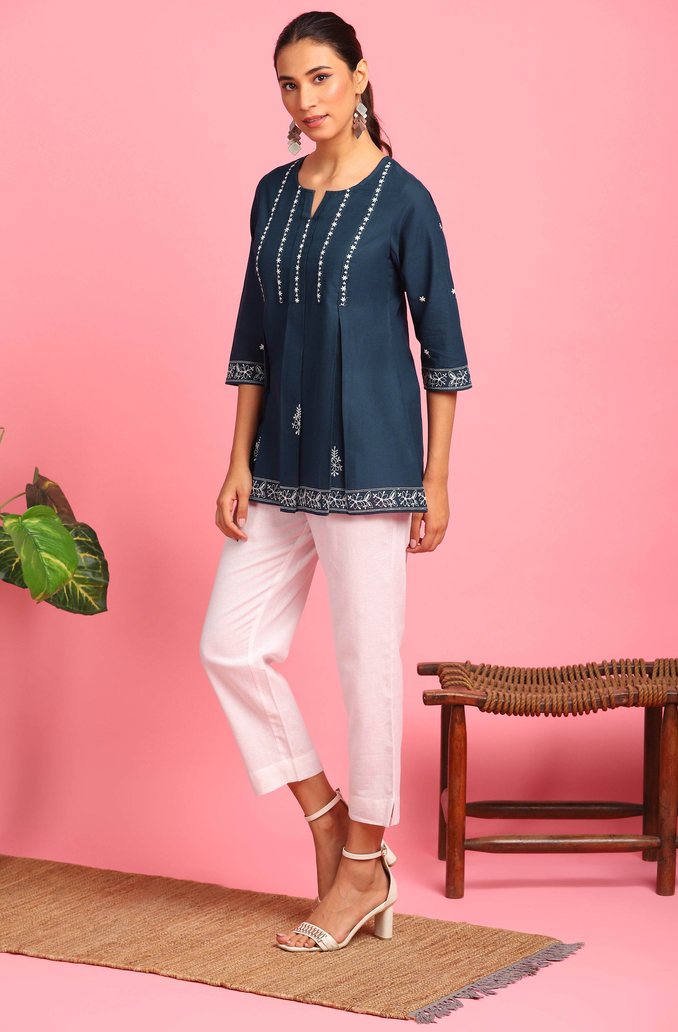 Janasya Women's Navy Blue Cotton Embroidered Trapeze Tunic | Grocsy