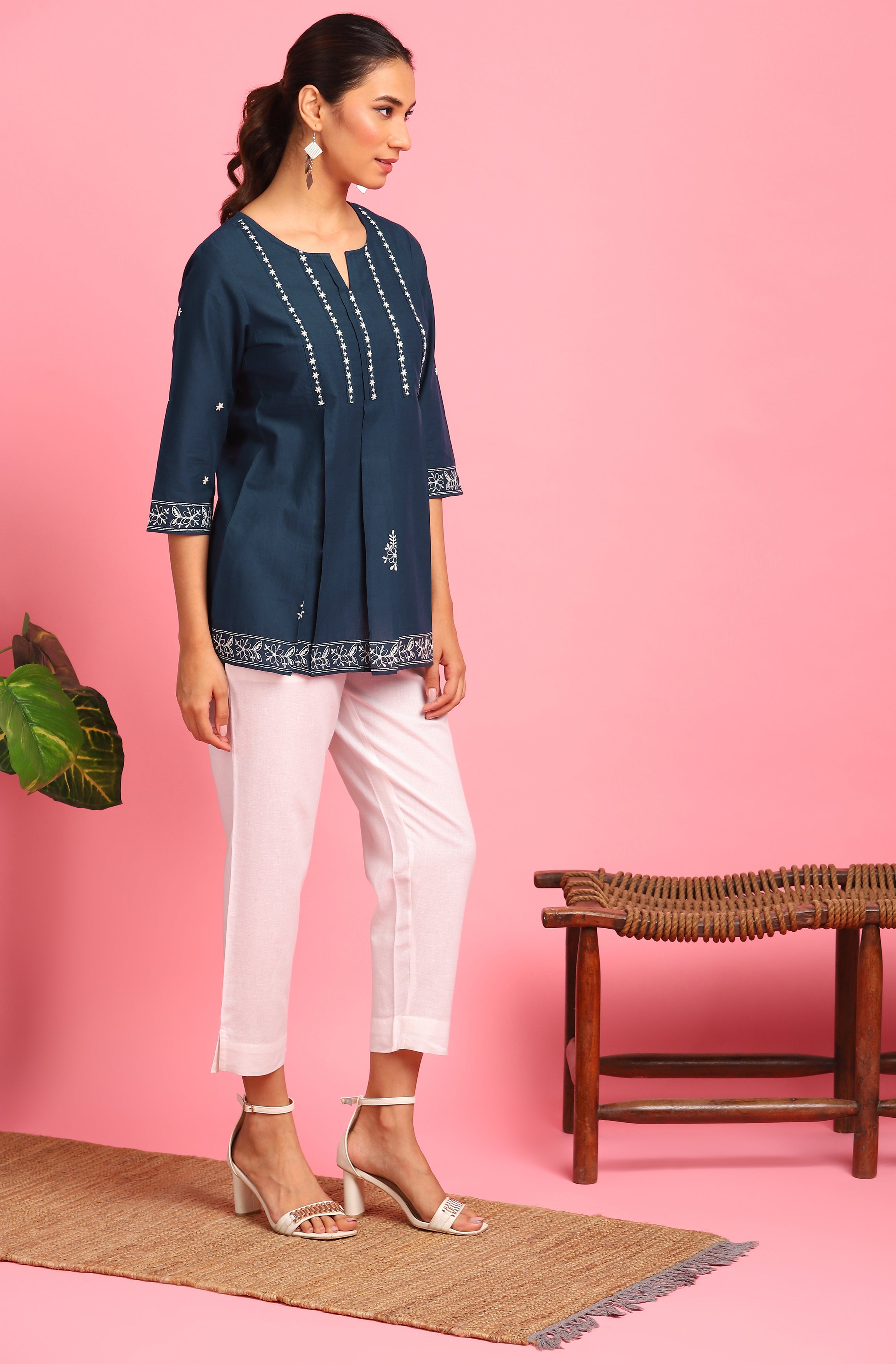 Janasya Women's Navy Blue Cotton Embroidered Trapeze Tunic | Grocsy