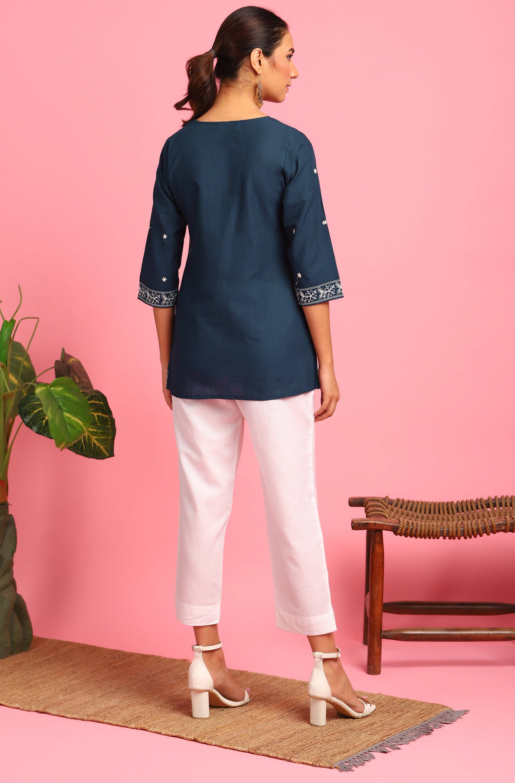 Janasya Women's Navy Blue Cotton Embroidered Trapeze Tunic | Grocsy