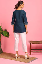 Janasya Women's Navy Blue Cotton Embroidered Trapeze Tunic | Grocsy