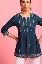 Janasya Women's Navy Blue Cotton Embroidered Trapeze Tunic | Grocsy