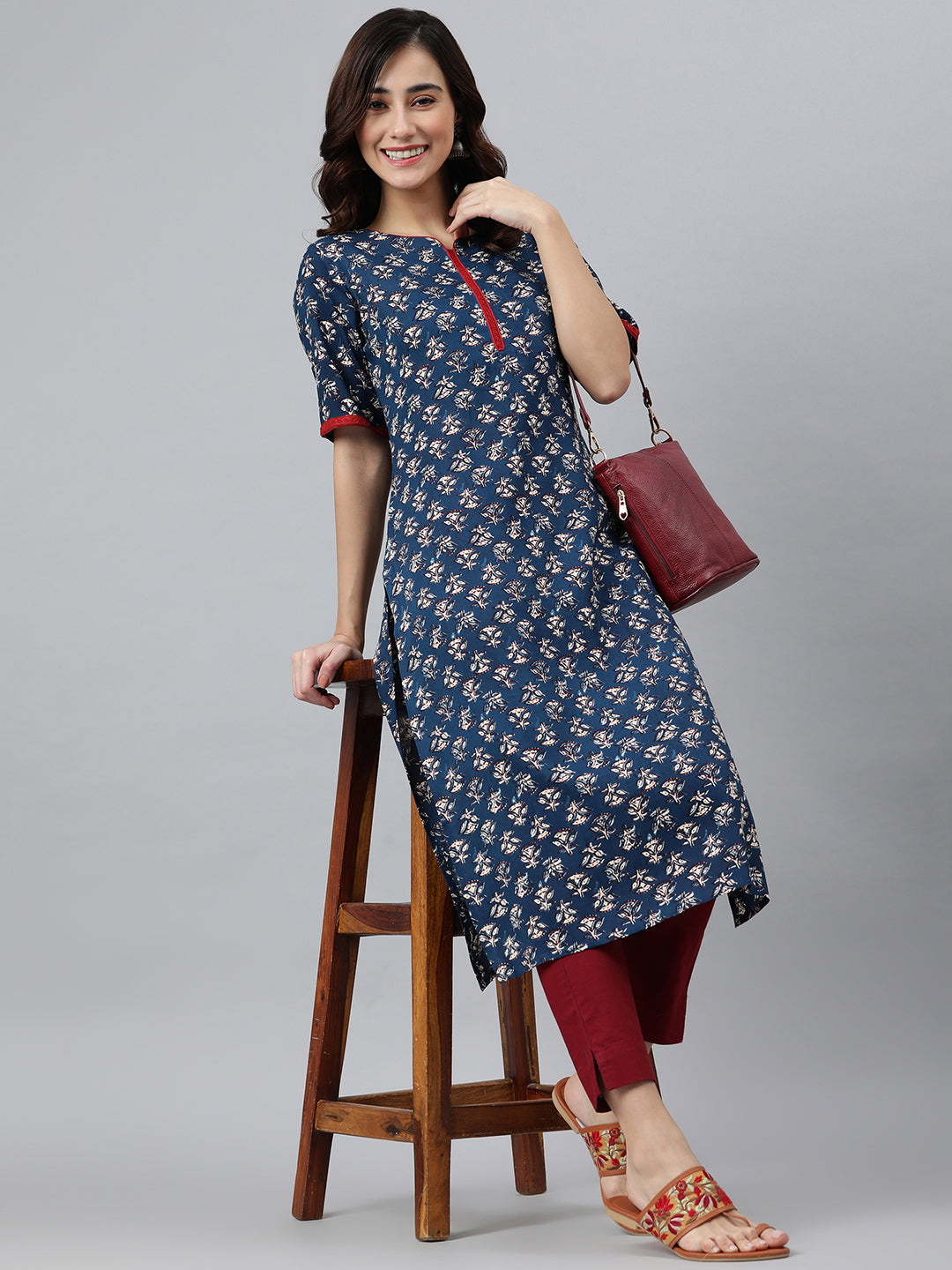 Janasya Women's Blue Rayon Floral Printed Casual Straight kurta | Grocsy