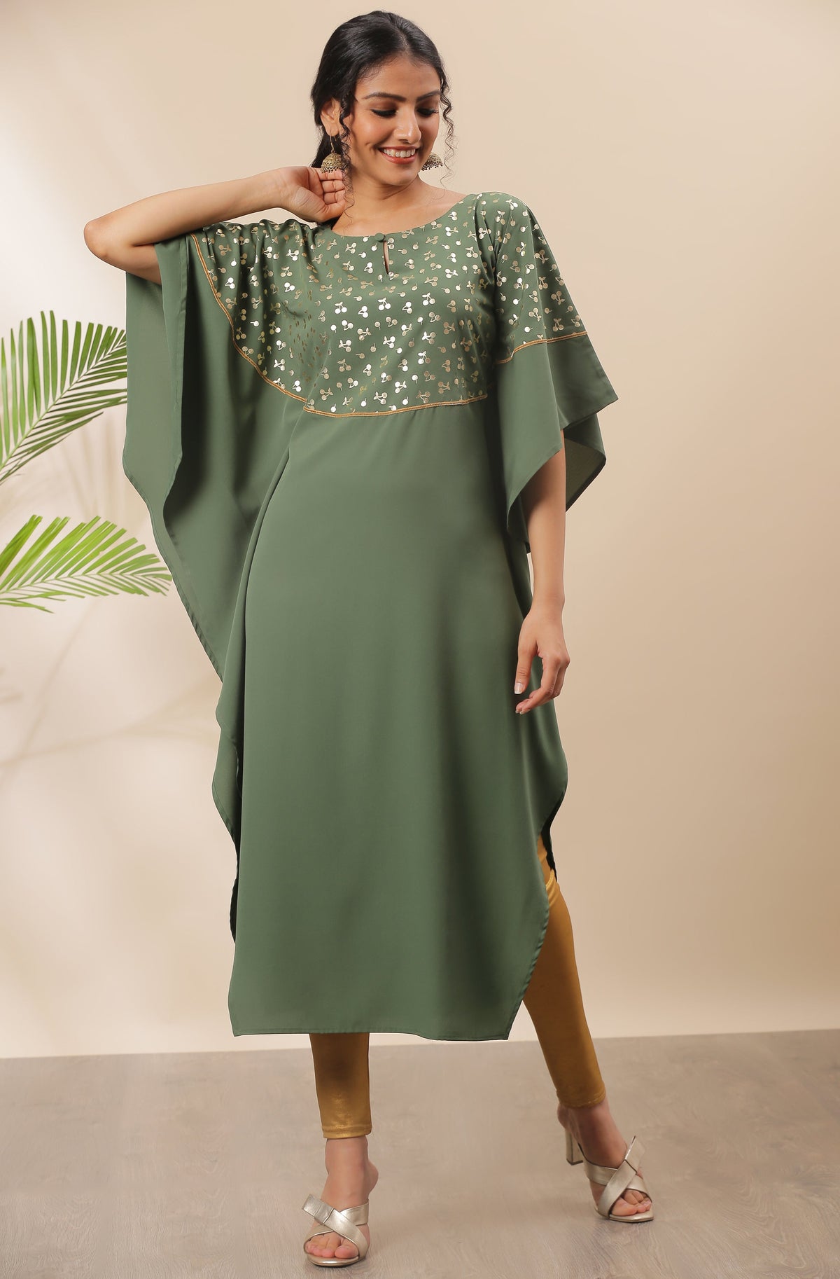 Janasya Green Poly Crepe Foil Print Kaftan kurta | Grocsy