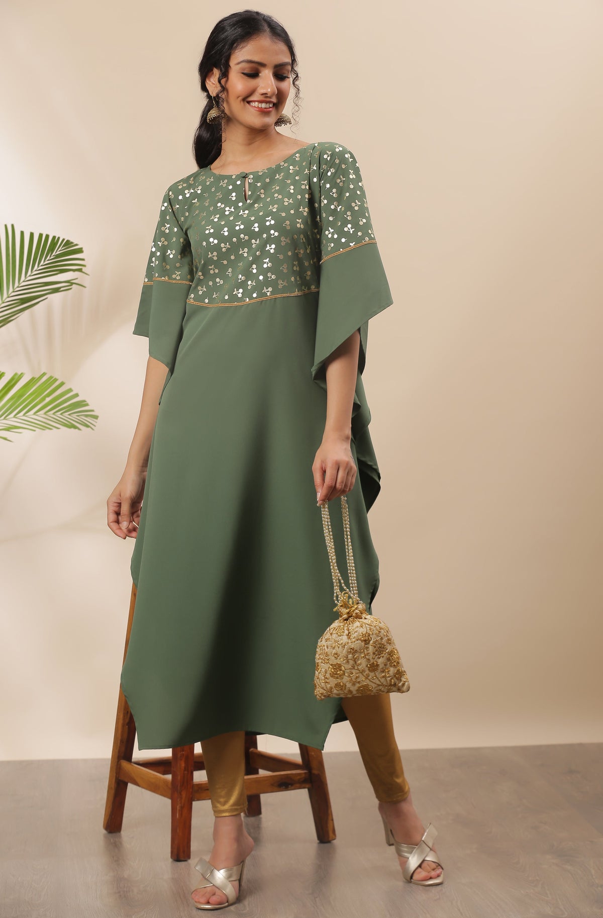 Janasya Green Poly Crepe Foil Print Kaftan kurta | Grocsy