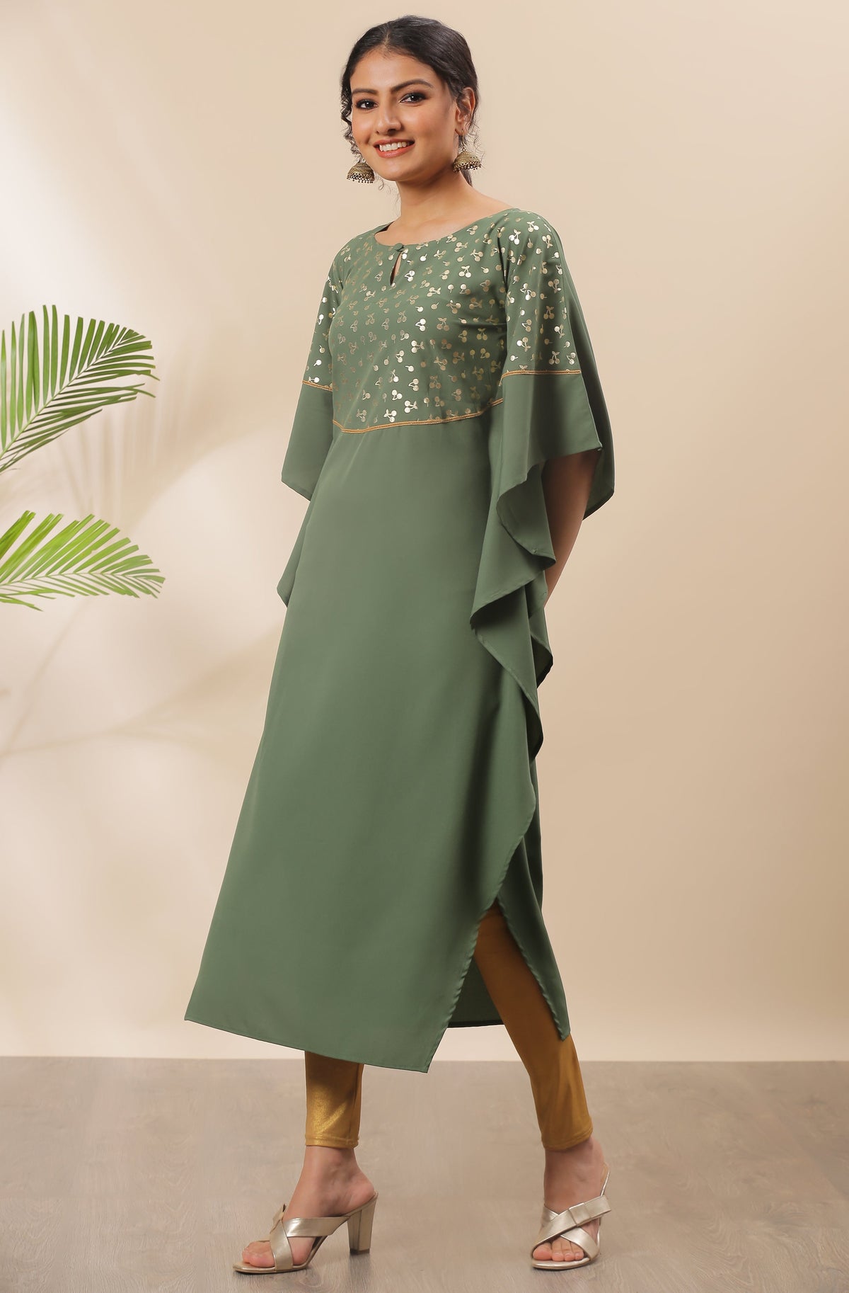 Janasya Green Poly Crepe Foil Print Kaftan kurta | Grocsy