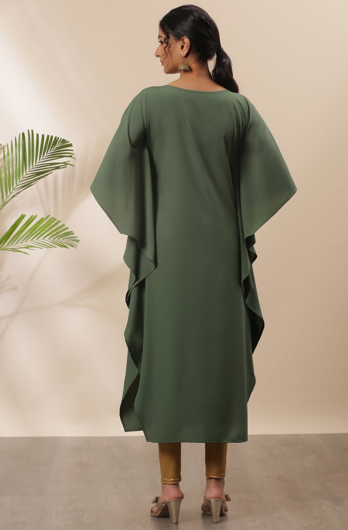 Janasya Green Poly Crepe Foil Print Kaftan kurta | Grocsy