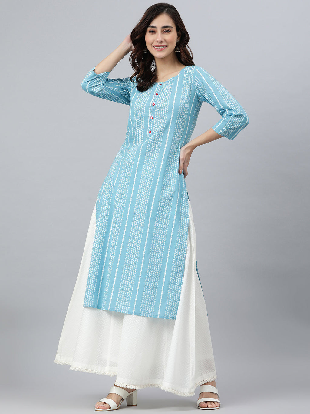Indian Clothing Janasya Women's Blue Cotton Striped Casual Straight kurta | Grocsy