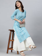Indian Clothing Janasya Women's Blue Cotton Striped Casual Straight kurta | Grocsy