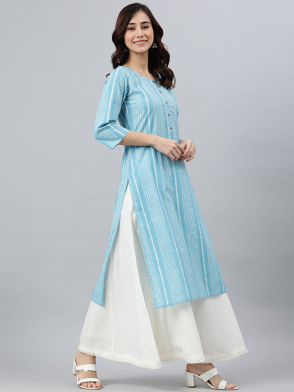 Indian Clothing Janasya Women's Blue Cotton Striped Casual Straight kurta | Grocsy